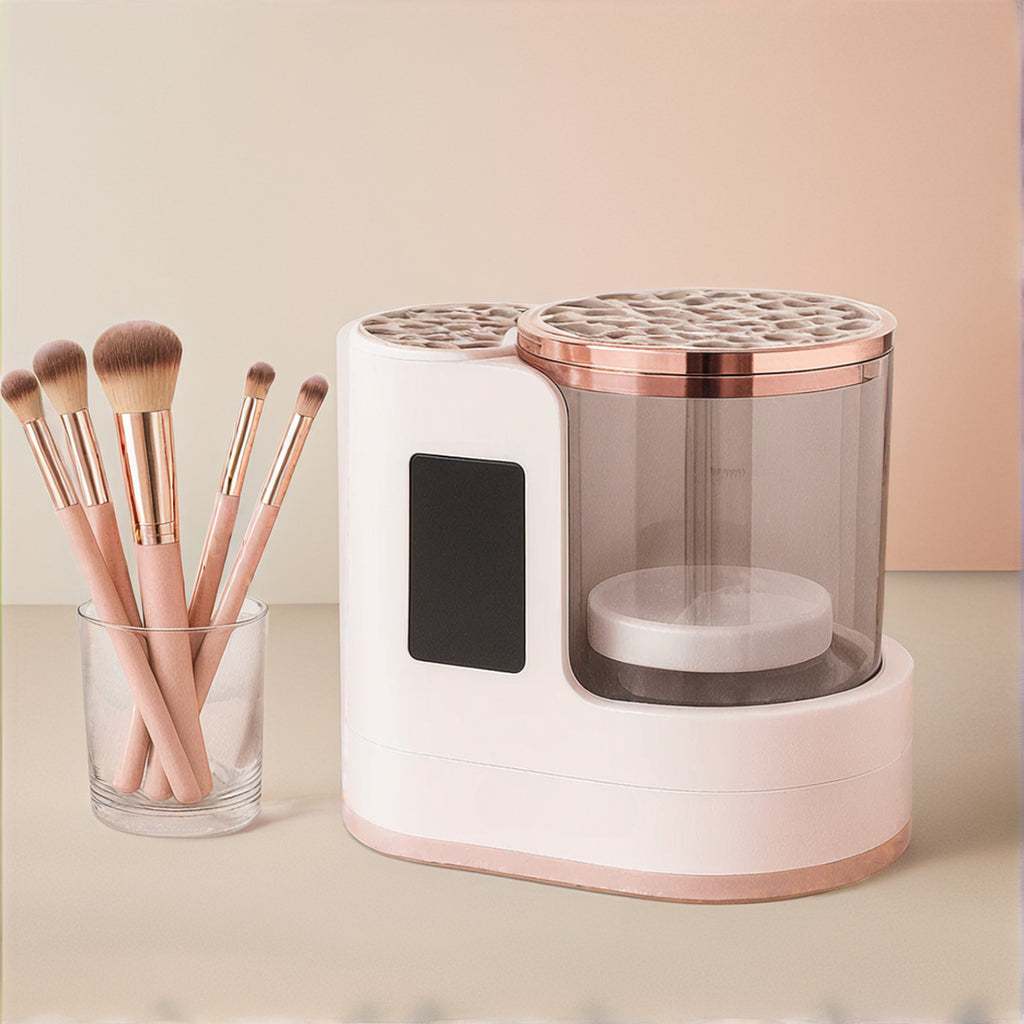 Makeup brush holder with brushes on a neutral background