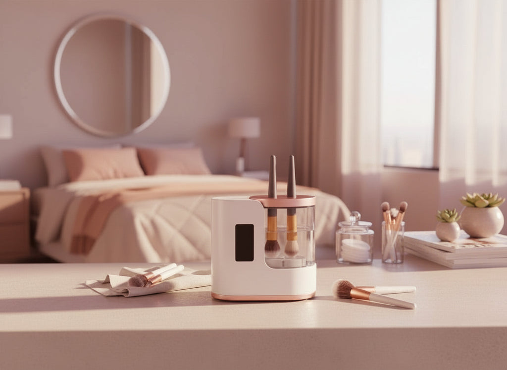 Woman holding a white and rose gold/white brush cleaner with a beige background